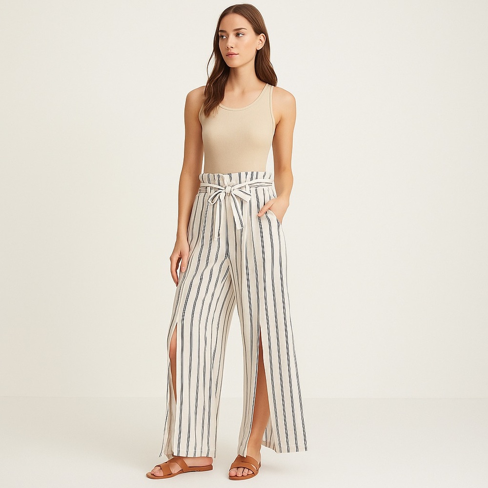 Sincerely Jules Linen Blend Wide Leg Side Split Striped Paperbag Pants XS